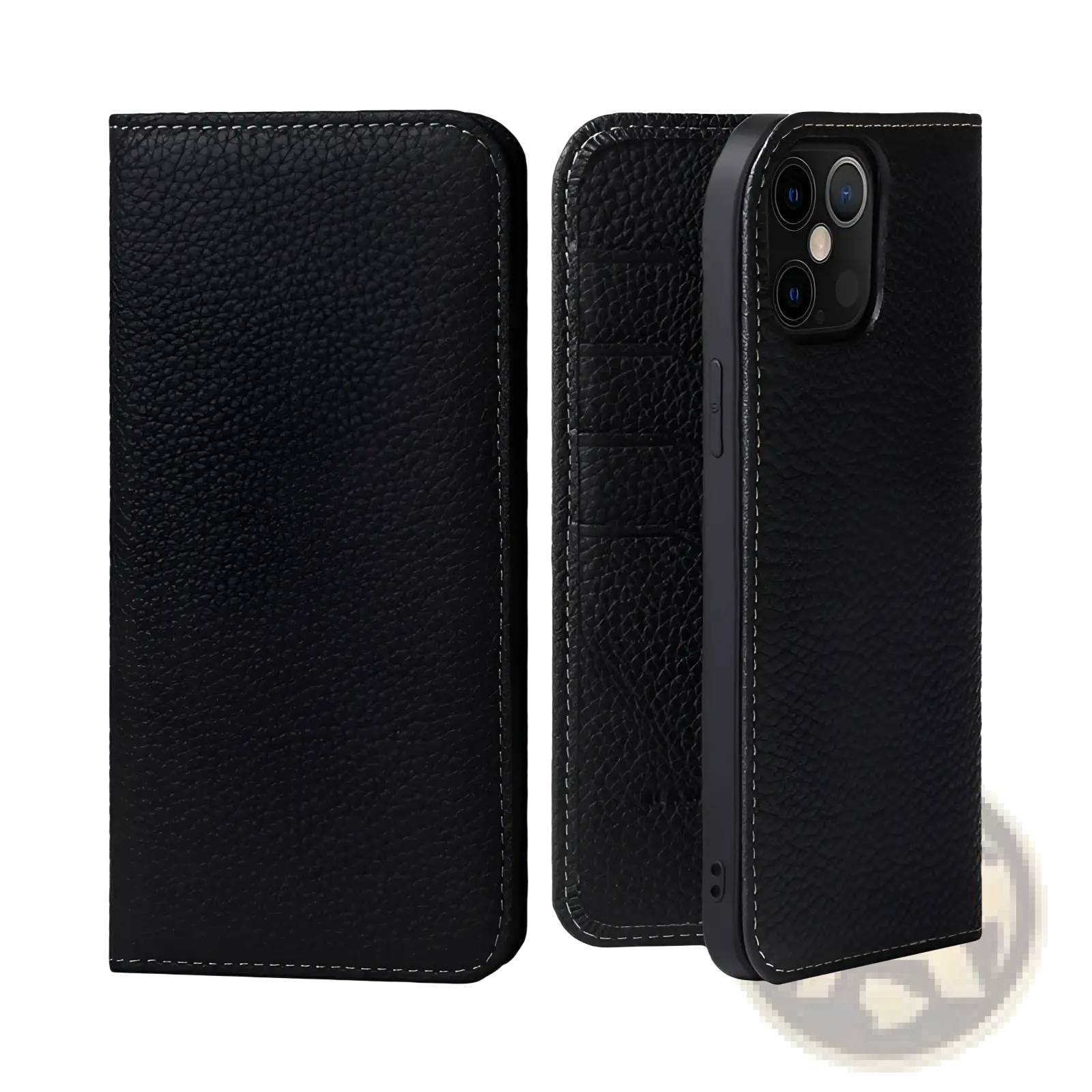 Black textured leather wallet case for iphone 16 15 14 13 12 11 with precise stitching and minimalist design back view