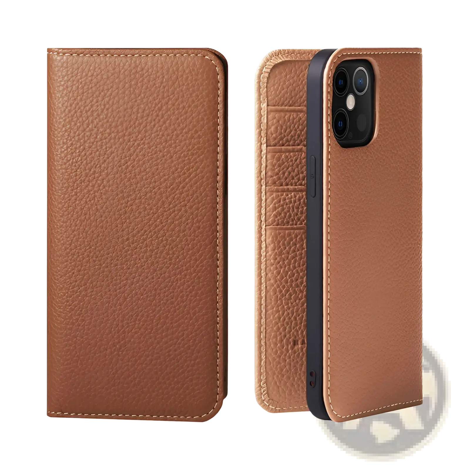 Tan leather wallet case for iphone 16 15 14 13 12 11 with pebbled texture and stitched edges showing back side