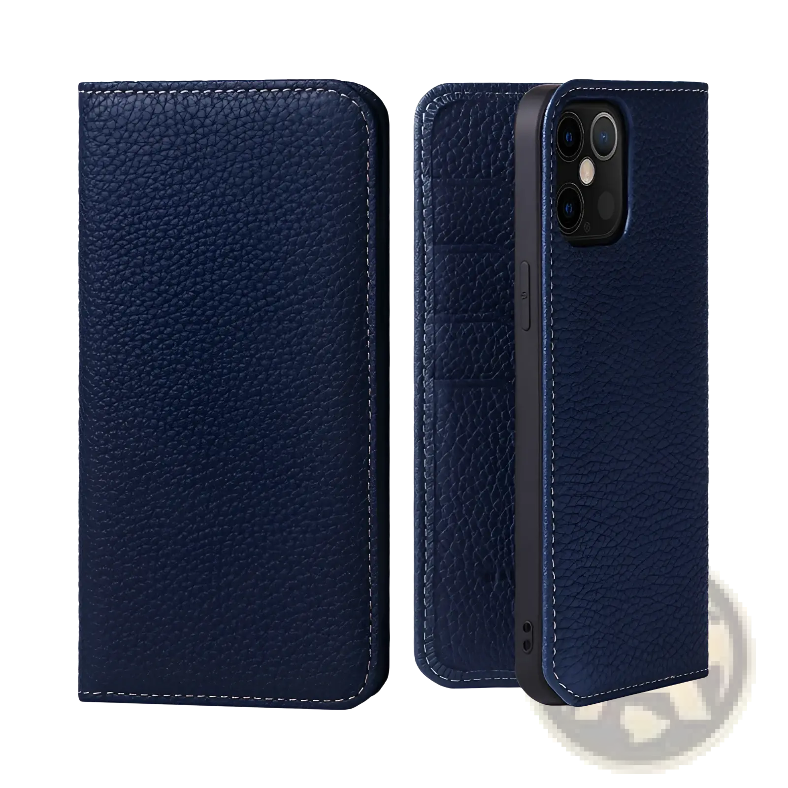 Deep navy blue textured leather wallet case for iphone 16 15 14 13 12 11 with contrasting white stitching backside view