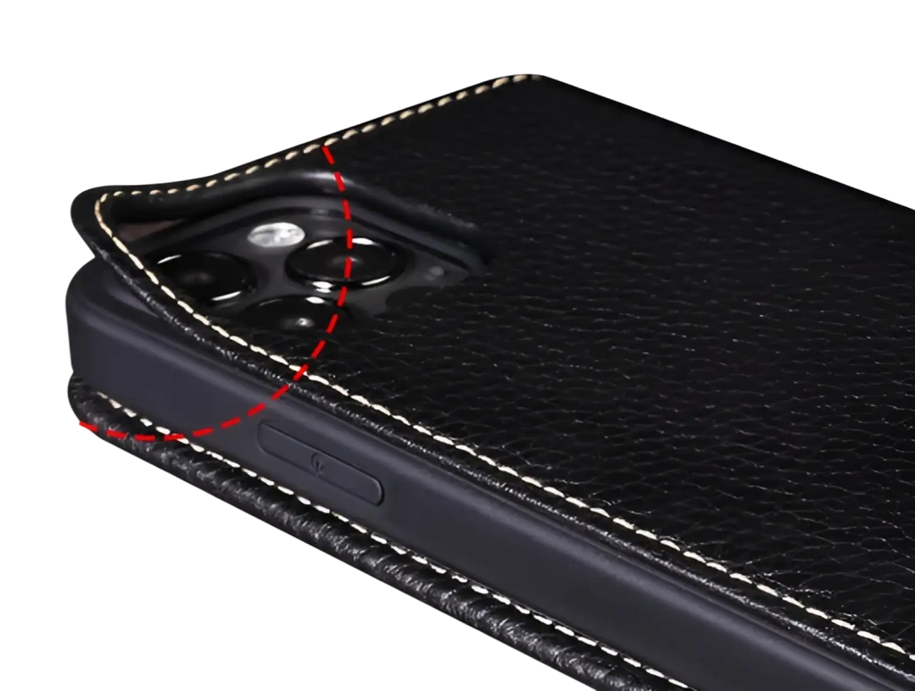 Black leather wallet case for iphone 16 15 14 13 12 11 with white stitching and camera cutout shown from the back side