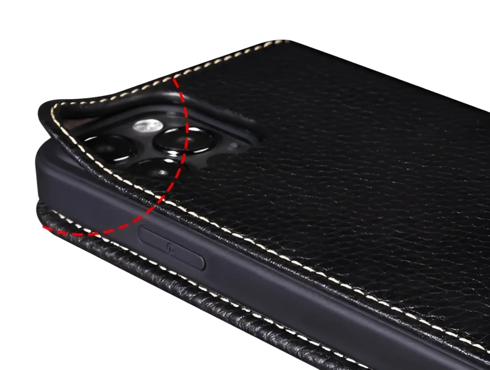 Black leather wallet case for iphone 16 15 14 13 12 11 with white stitching and camera cutout shown from the back side