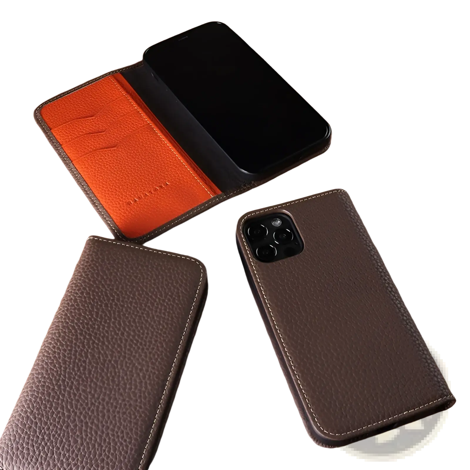 Leather wallet case for iPhone 16 15 14 13 12 11 with brown textured leather and orange interior lining