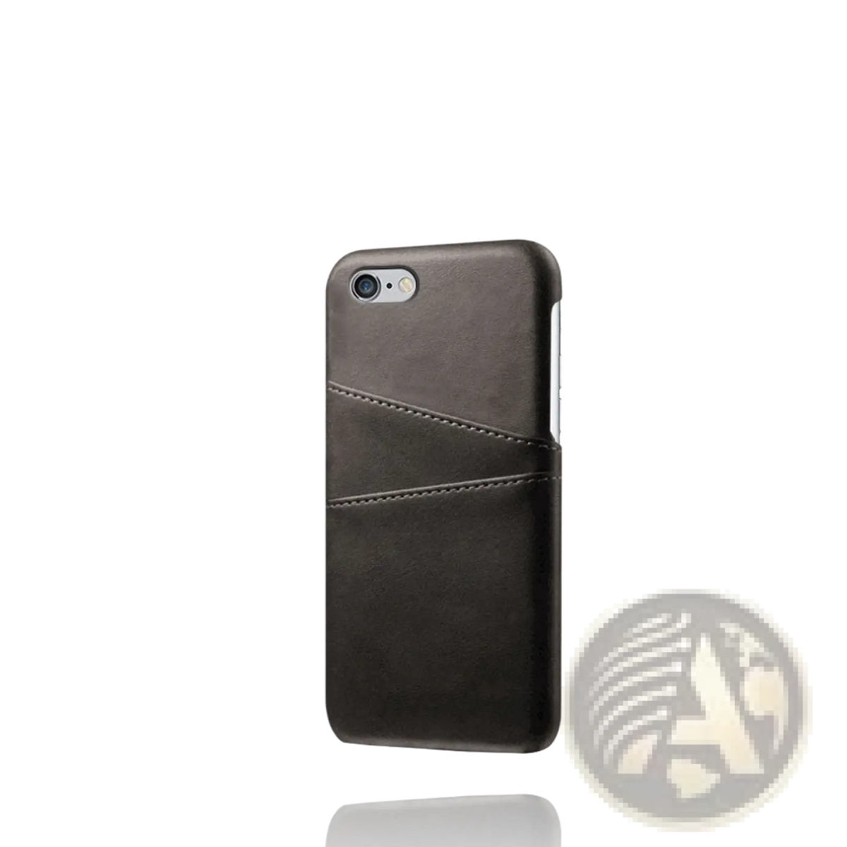 Black leather wallet phone case with stitched card slots shown from the back side for secure storage