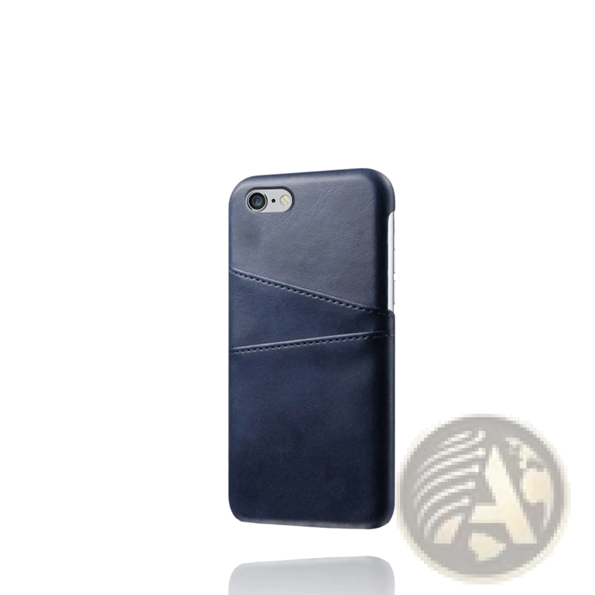 Dark blue leather wallet phone case with card slots showing the back side with a card slot visible