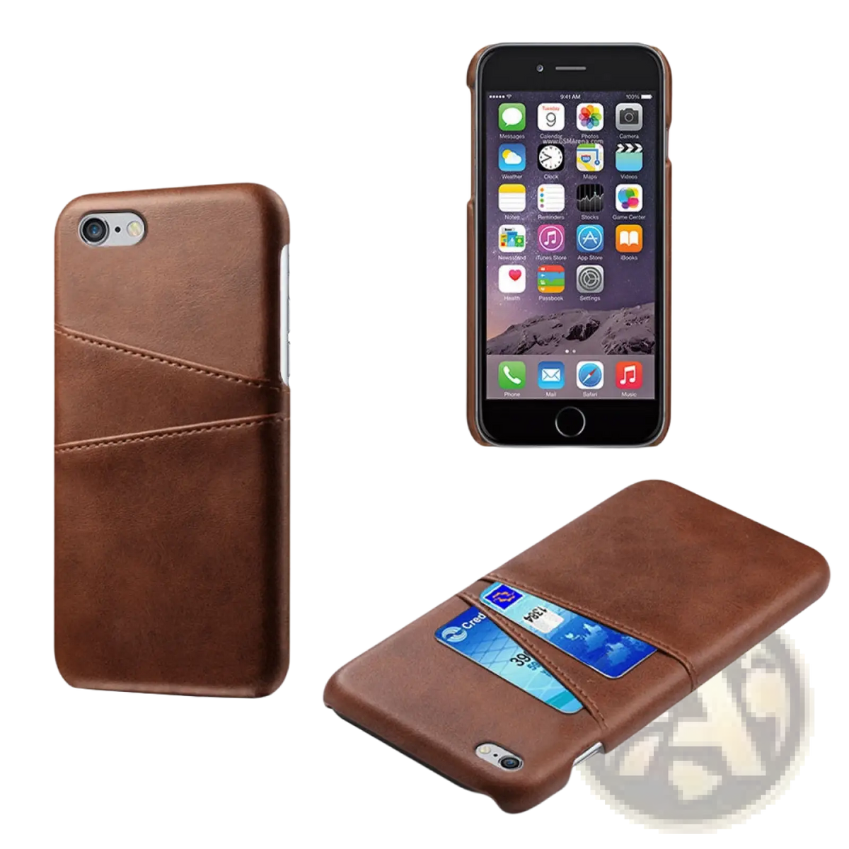 Brown leather wallet phone case with card slots shown from the back side highlighting its material and design