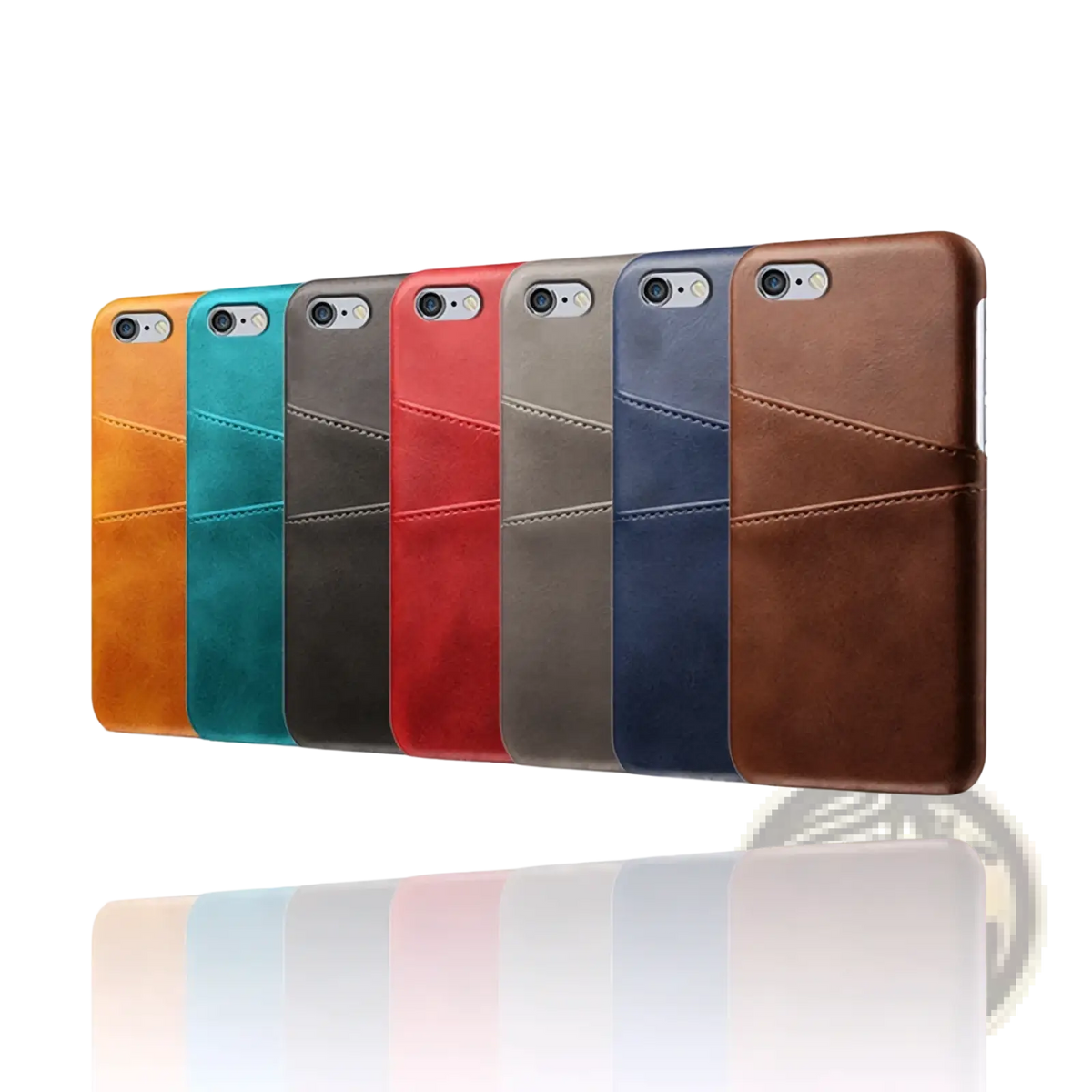 Leather wallet phone cases with card slots in orange teal black red gray and brown leather displayed side by side