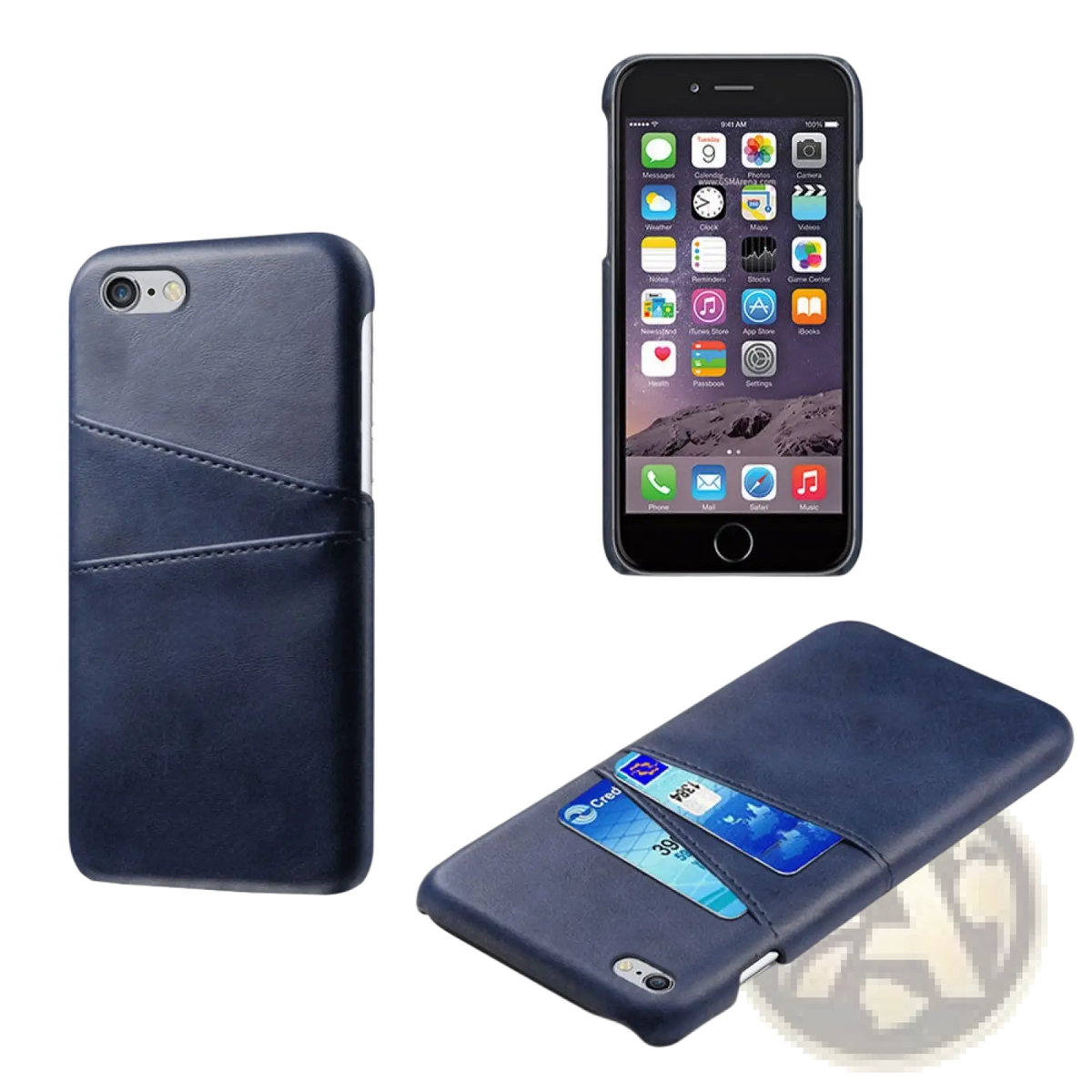 Navy blue leather wallet phone case with card slots shown from the back side for organized storage