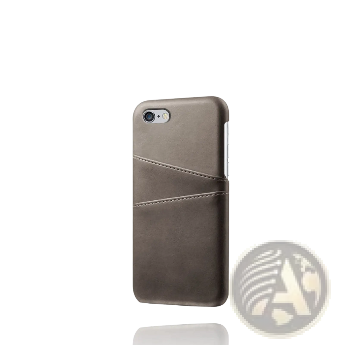 A sleek taupe leather wallet phone case with stitched card slots shown from the back side