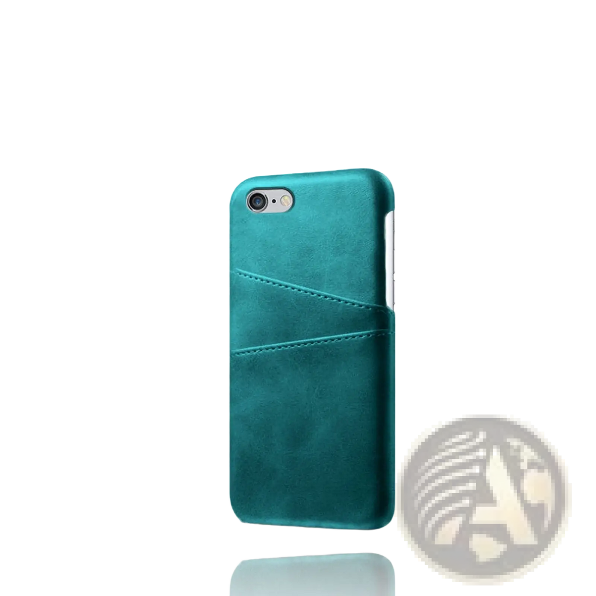 Leather wallet phone case in teal suede texture with card slot and silver edge trim shown from the back side