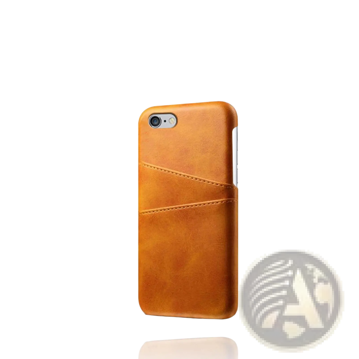 Tan leather wallet phone case showing stitched card slots on the back side for convenient storage