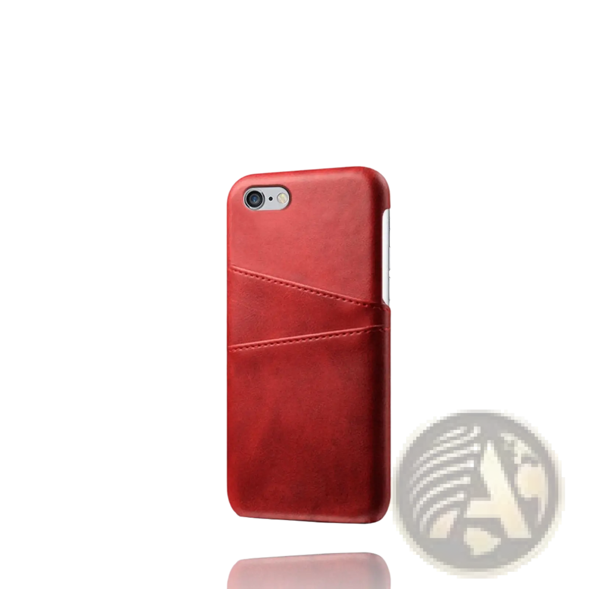 Red leather wallet phone case with card slots showing the back side and card slot feature