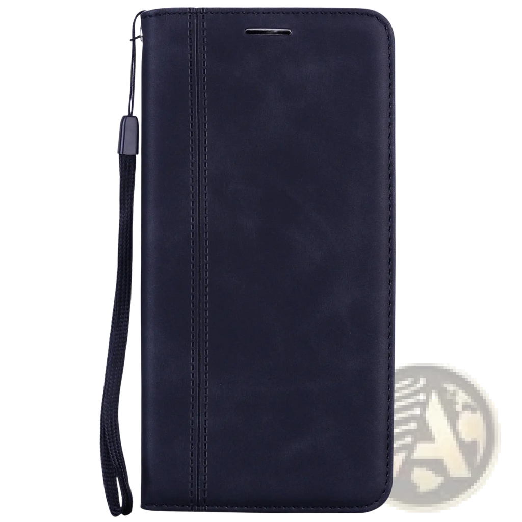 Dark navy blue faux leather wallet phone case with magnetic card slot and wrist strap shown from the back side
