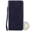 Dark navy blue faux leather wallet phone case with magnetic card slot and wrist strap shown from the back side
