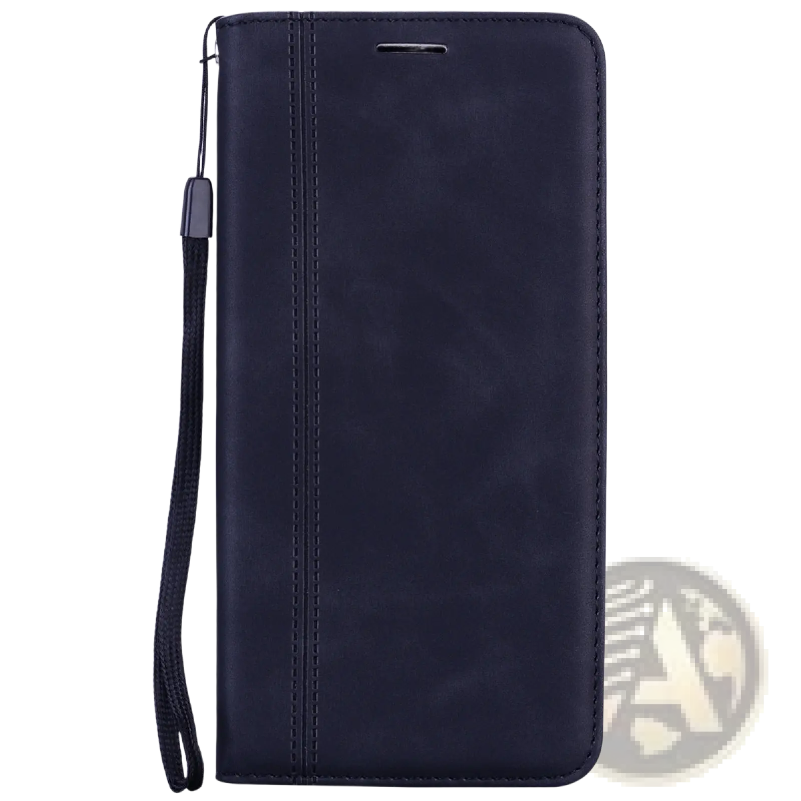 Dark navy blue faux leather wallet phone case with magnetic card slot and wrist strap shown from the back side