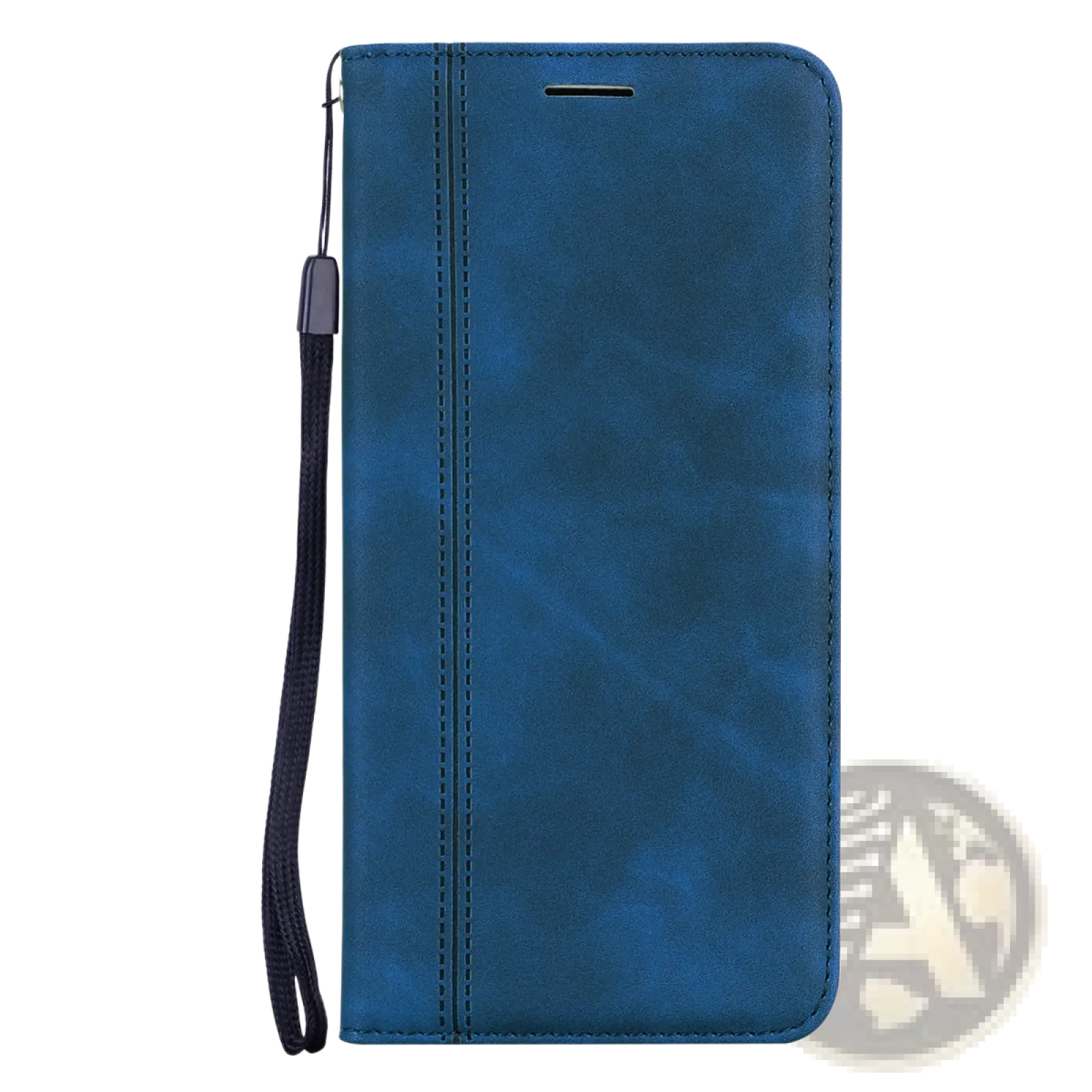 Deep blue faux leather wallet phone case with magnetic card slot stitched detailing and black wrist strap back view