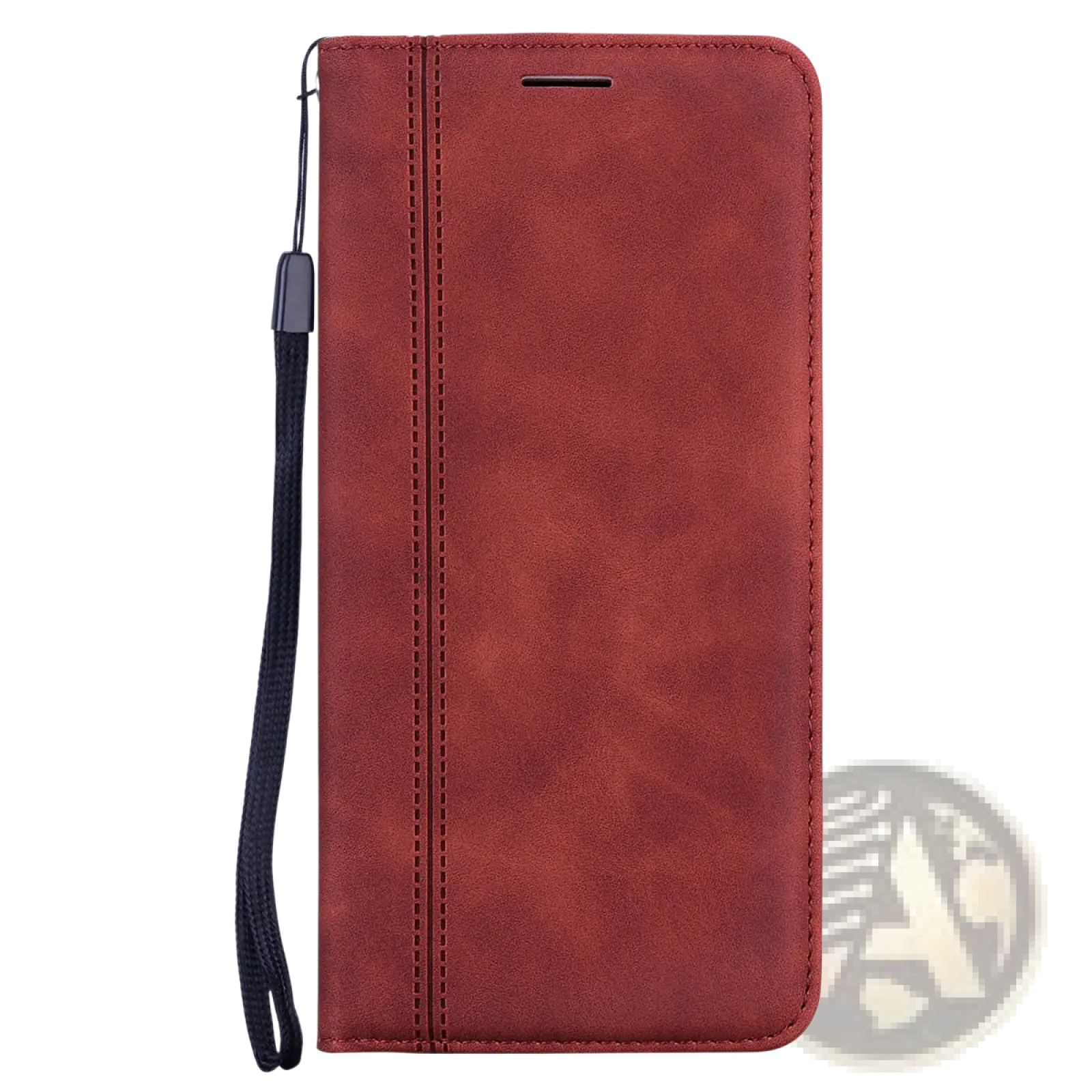 Red faux leather wallet phone case with magnetic card slot and black wrist strap shown from the back side