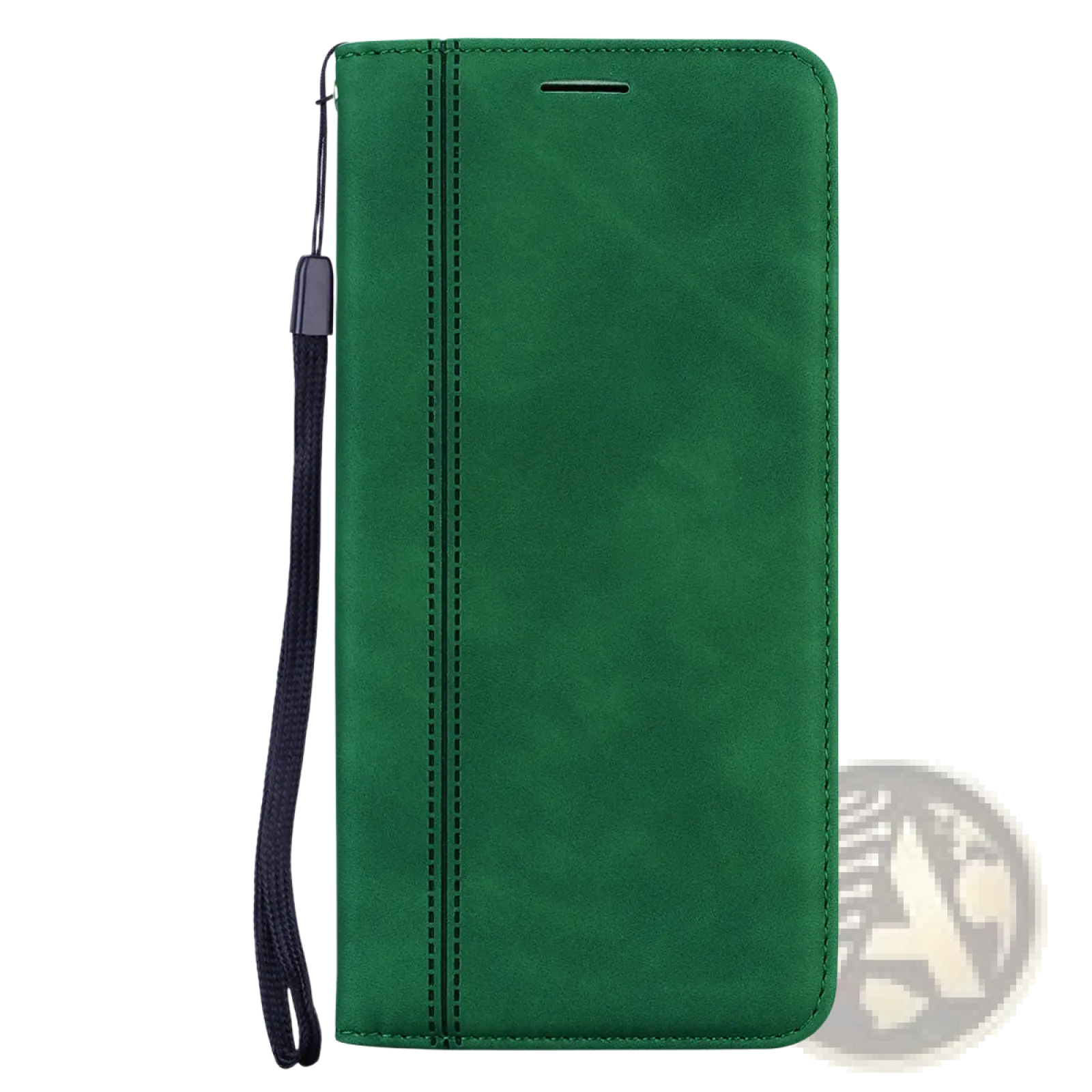 Green faux leather leather wallet phone case with magnetic card slot and black wrist strap shown from the back side