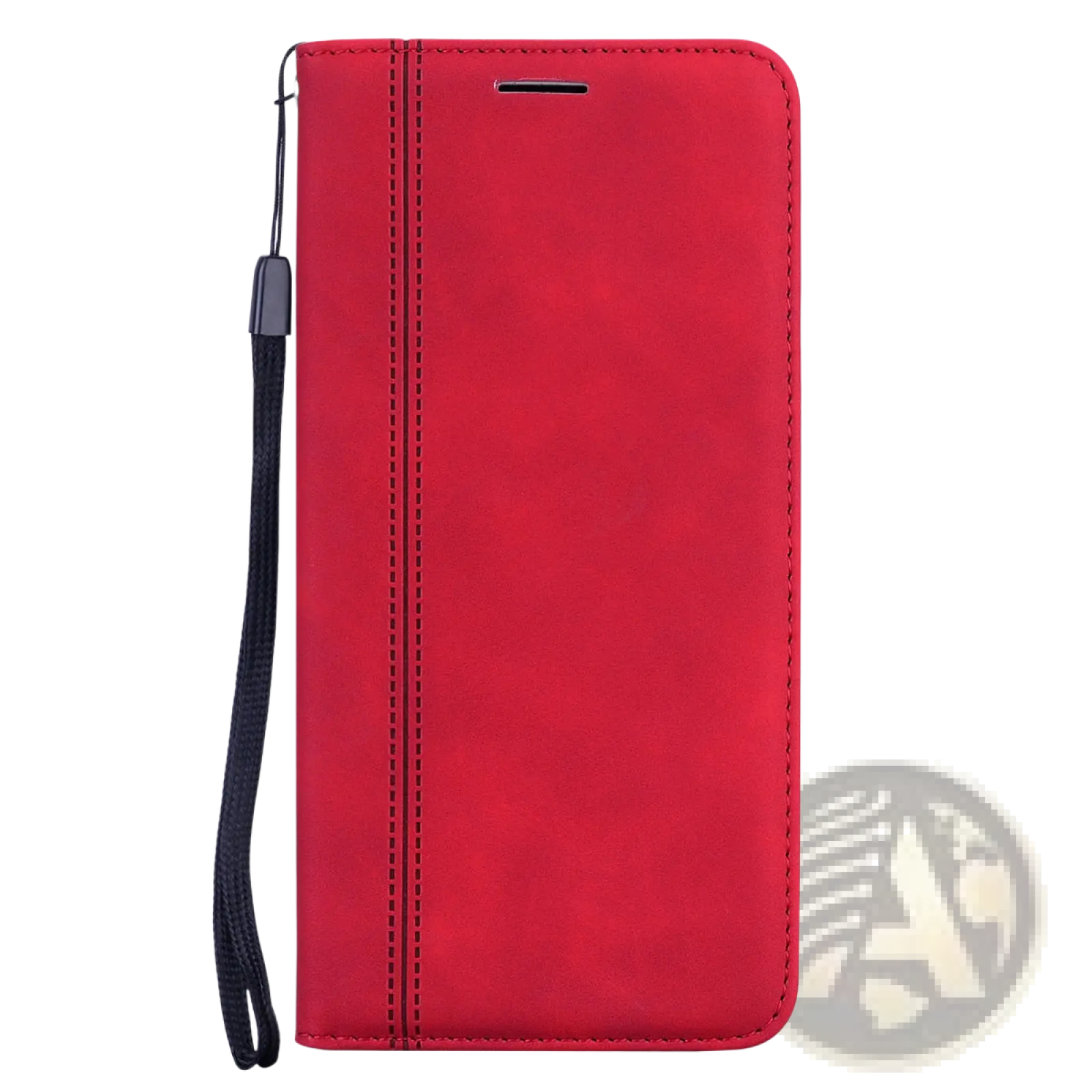 Red faux leather wallet phone case with magnetic card slot and black wrist strap for secure carrying
