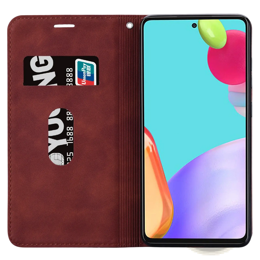 Brown leather wallet phone case with magnetic card slot and vertical ribbed design showing back side