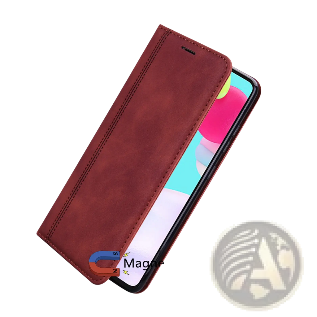 Leather wallet phone case with magnetic card slot in rich brown leather featuring visible stitching on the back side