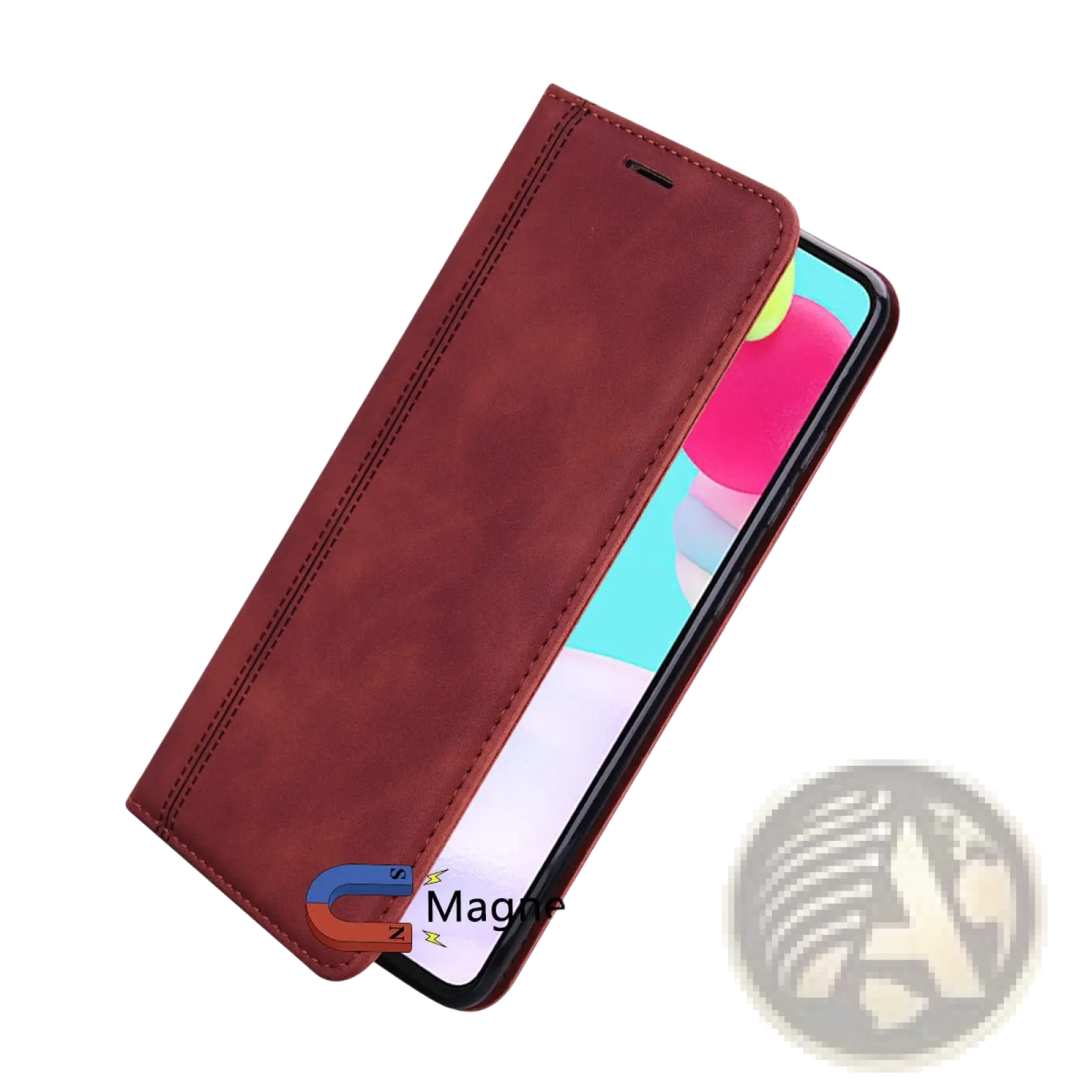 Leather wallet phone case with magnetic card slot in rich brown leather featuring visible stitching on the back side