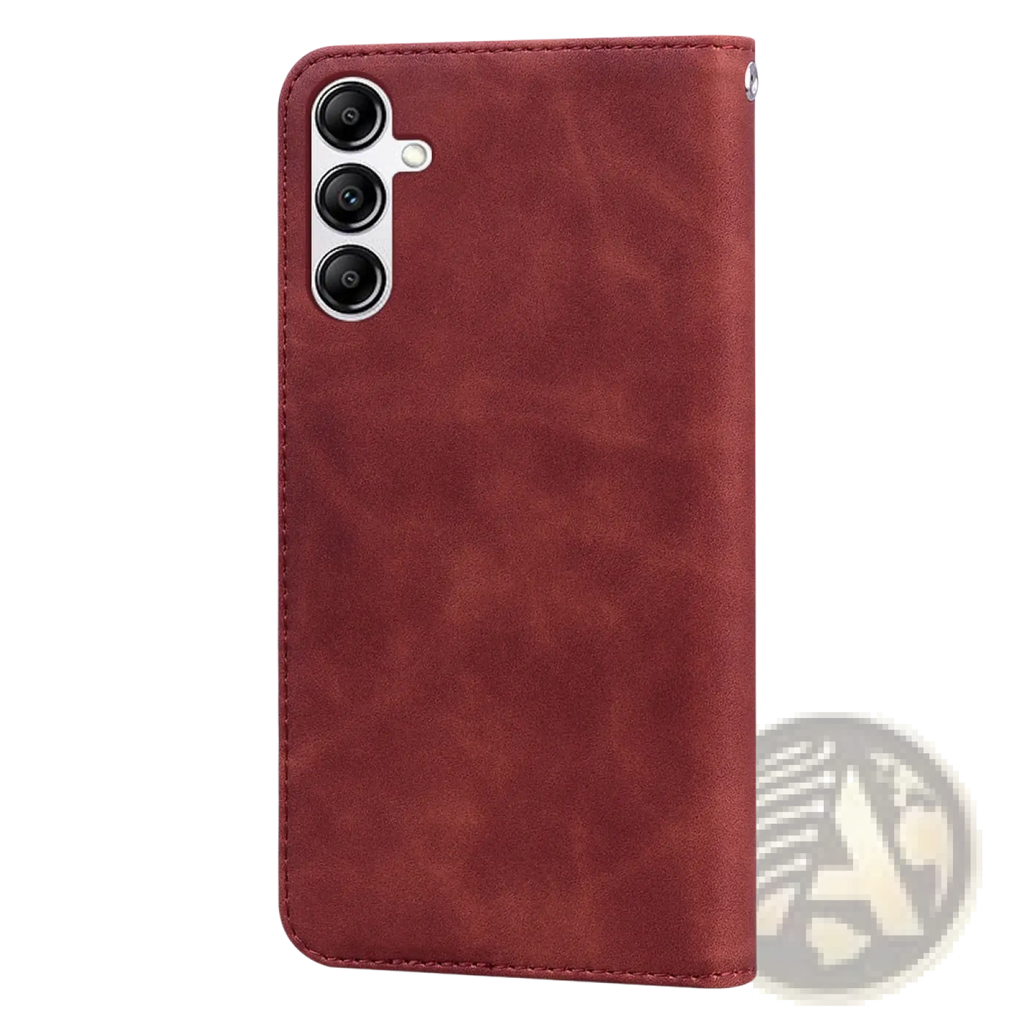 A rich burgundy faux leather wallet phone case with magnetic card slot and stitching, shown from the back