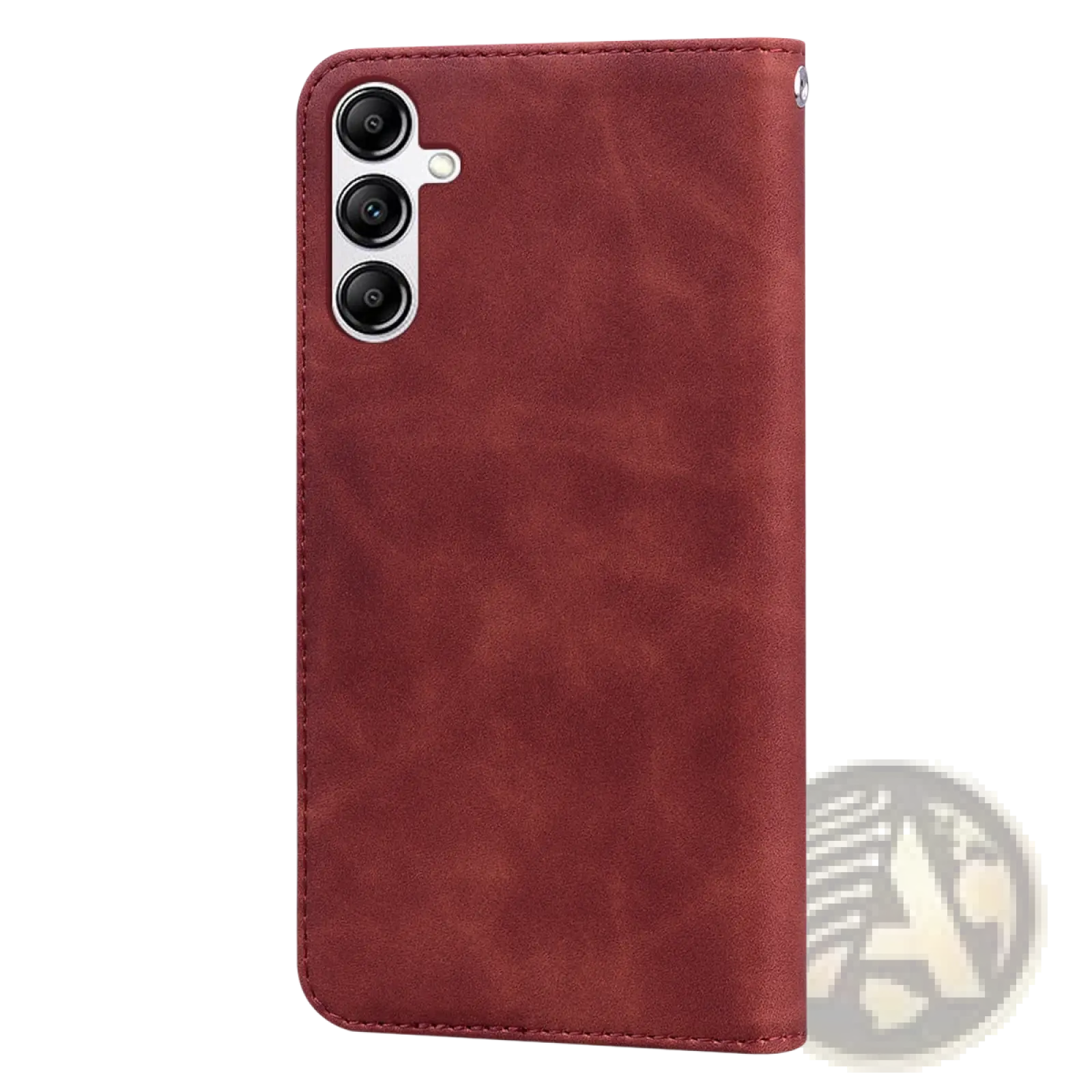 A rich burgundy faux leather wallet phone case with magnetic card slot and stitching, shown from the back