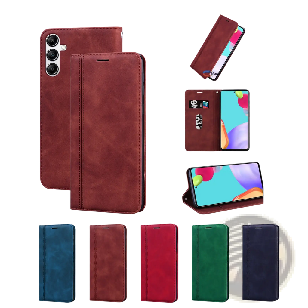 A leather wallet phone case with magnetic card slot in rich burgundy and multiple colors including blue red green and navy