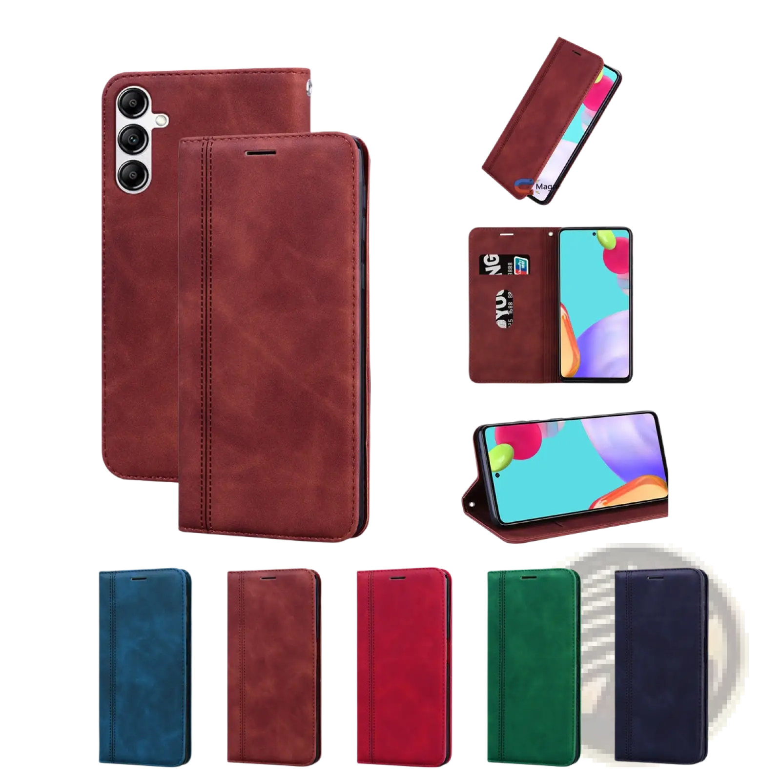 A leather wallet phone case with magnetic card slot in rich burgundy and multiple colors including blue red green and navy