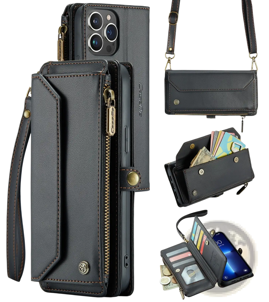 Black leather wallet phone case with gold-tone zipper pulls and detachable shoulder strap shown from the back side