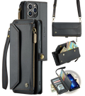 Black leather wallet phone case with gold-tone zipper pulls and detachable shoulder strap shown from the back side