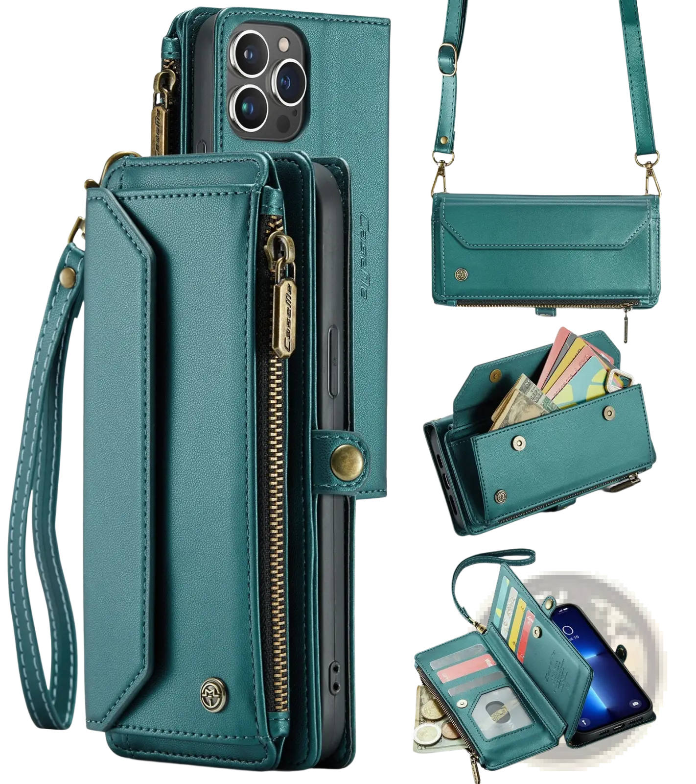 Teal leather wallet phone case with zipper and removable wrist strap for secure and stylish carrying