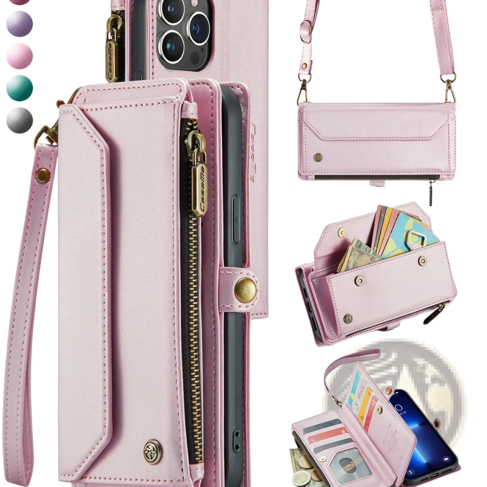 Pink leather wallet phone case with gold-tone zipper and hardware featuring a removable wrist strap