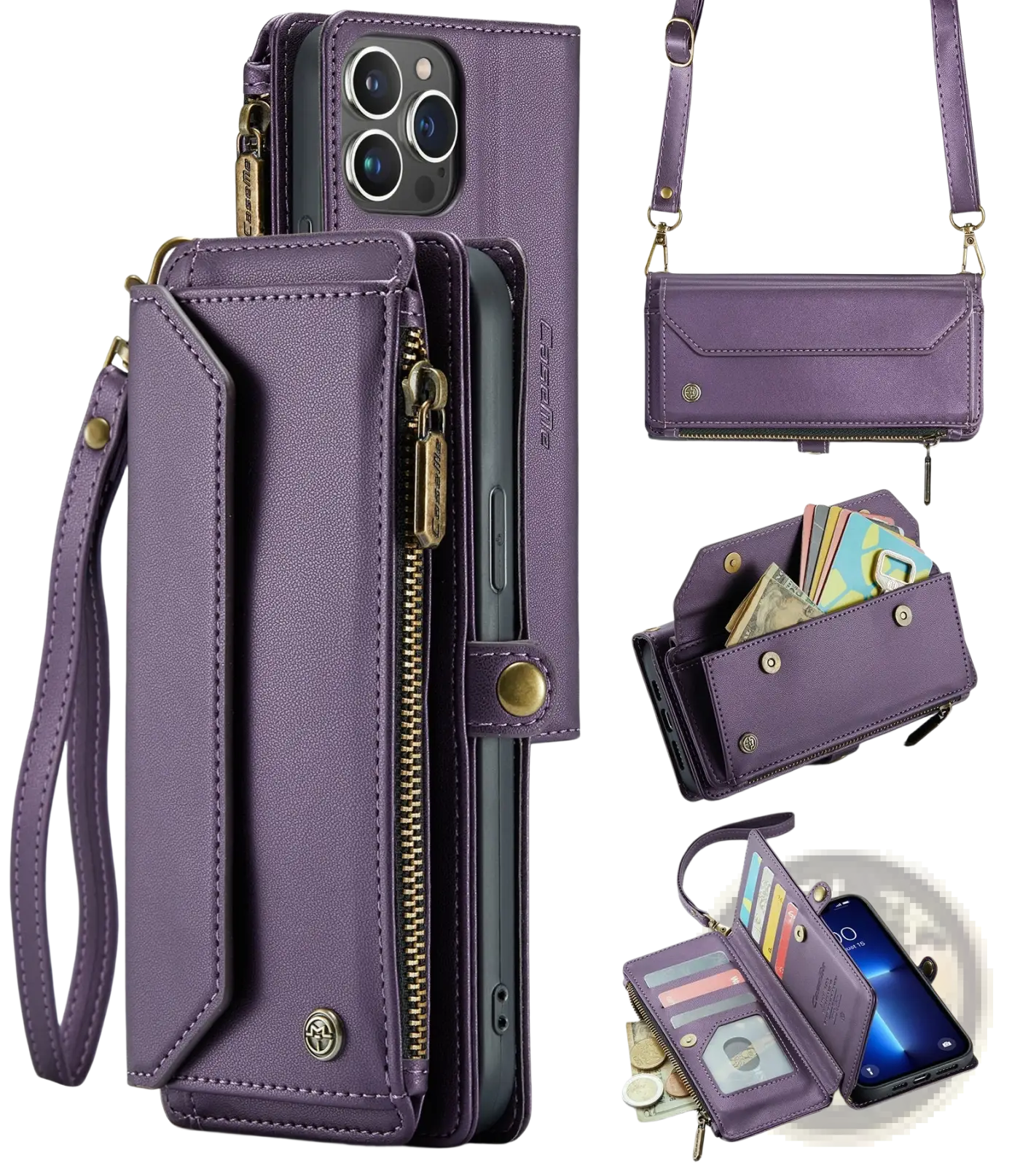 Purple leather wallet phone case with zipper closure and detachable wrist strap for secure carrying