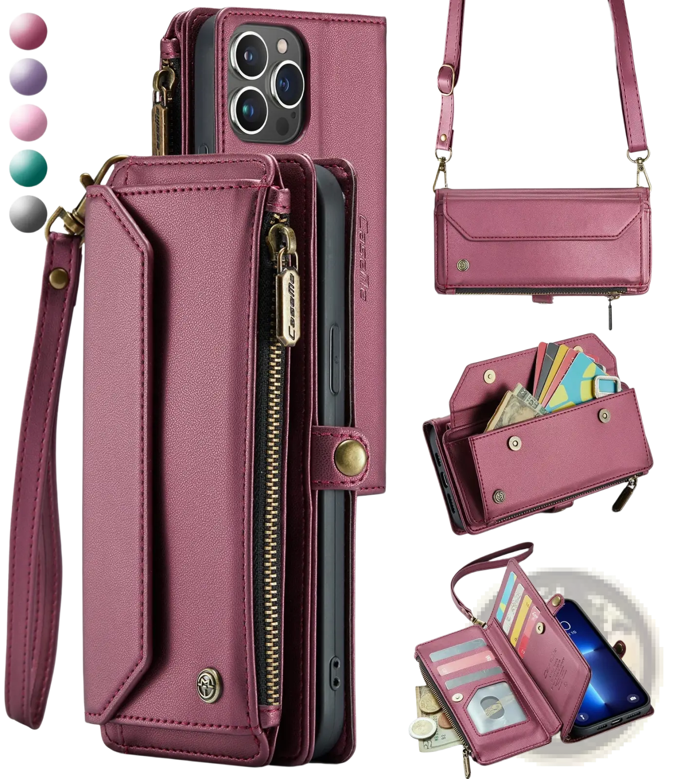 Leather wallet phone case in maroon leather with removable wrist strap multiple compartments and gold-tone hardware