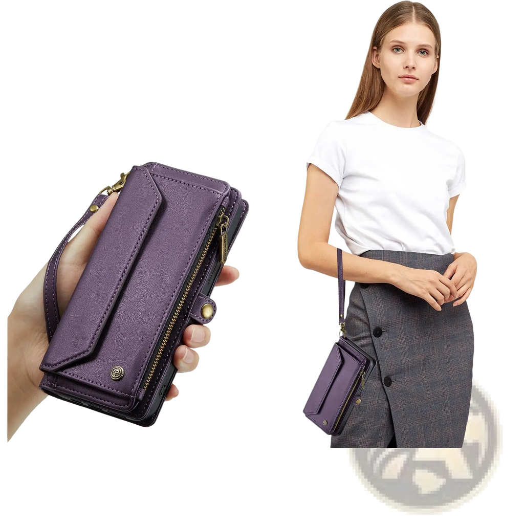 Purple leather wallet phone case with removable wrist strap and gold-tone zippers for secure storage