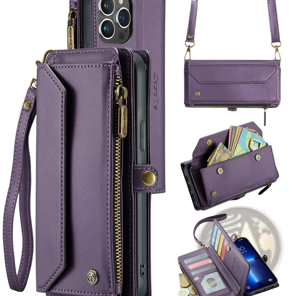 Purple leather wallet phone case with gold-tone zipper, multiple card slots, zippered compartment, and removable wrist strap
