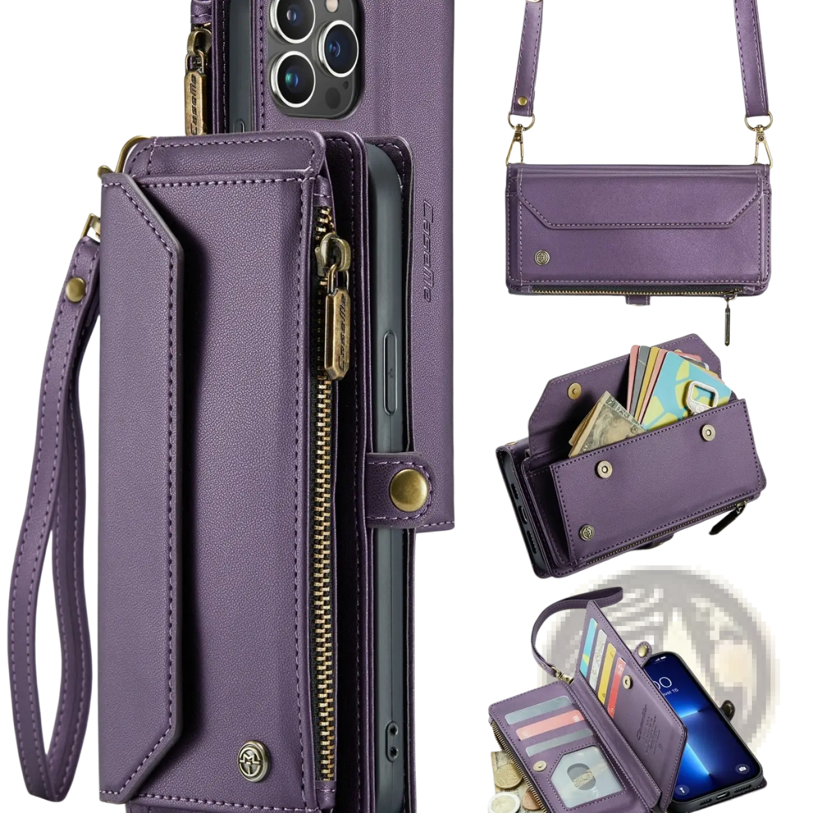 Purple leather wallet phone case with gold-tone zipper, multiple card slots, zippered compartment, and removable wrist strap