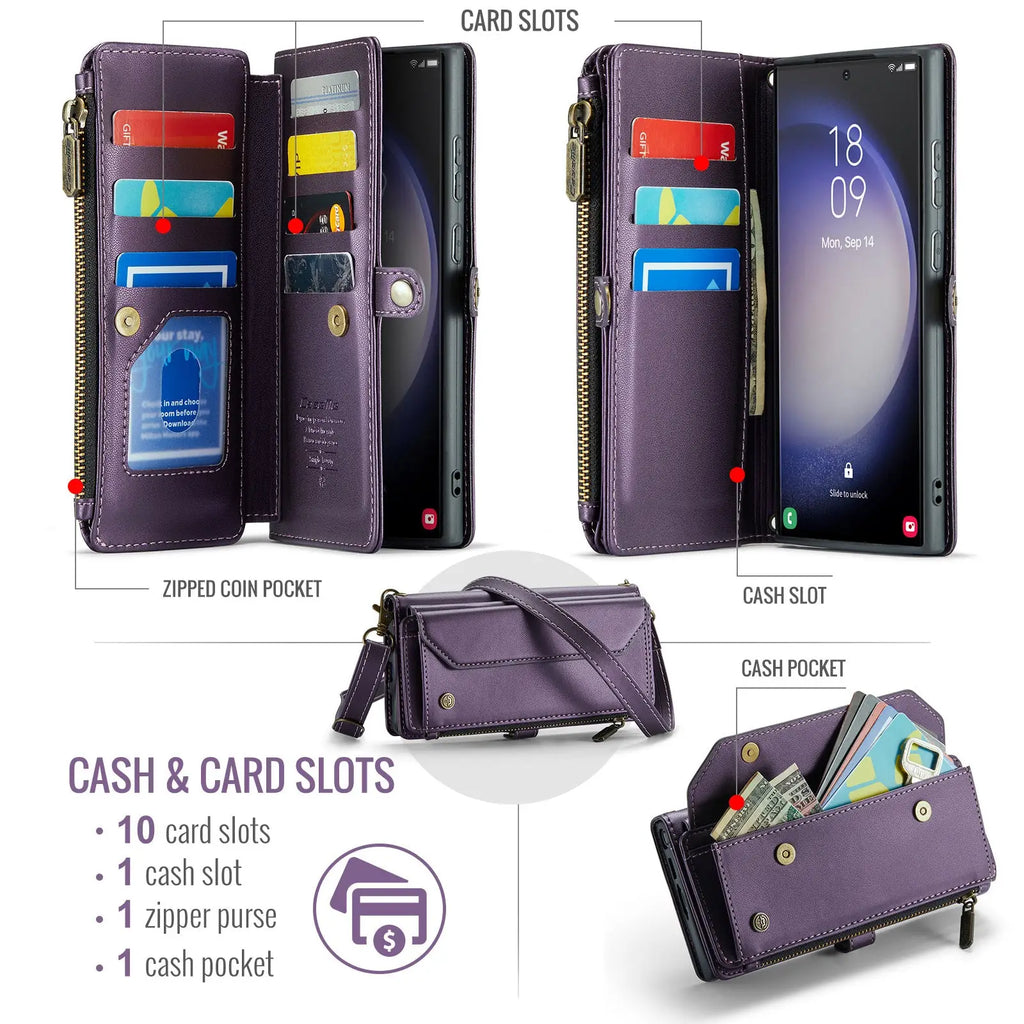 Purple leather wallet phone case with removable wrist strap featuring card slots, zipper coin pocket, and cash compartments