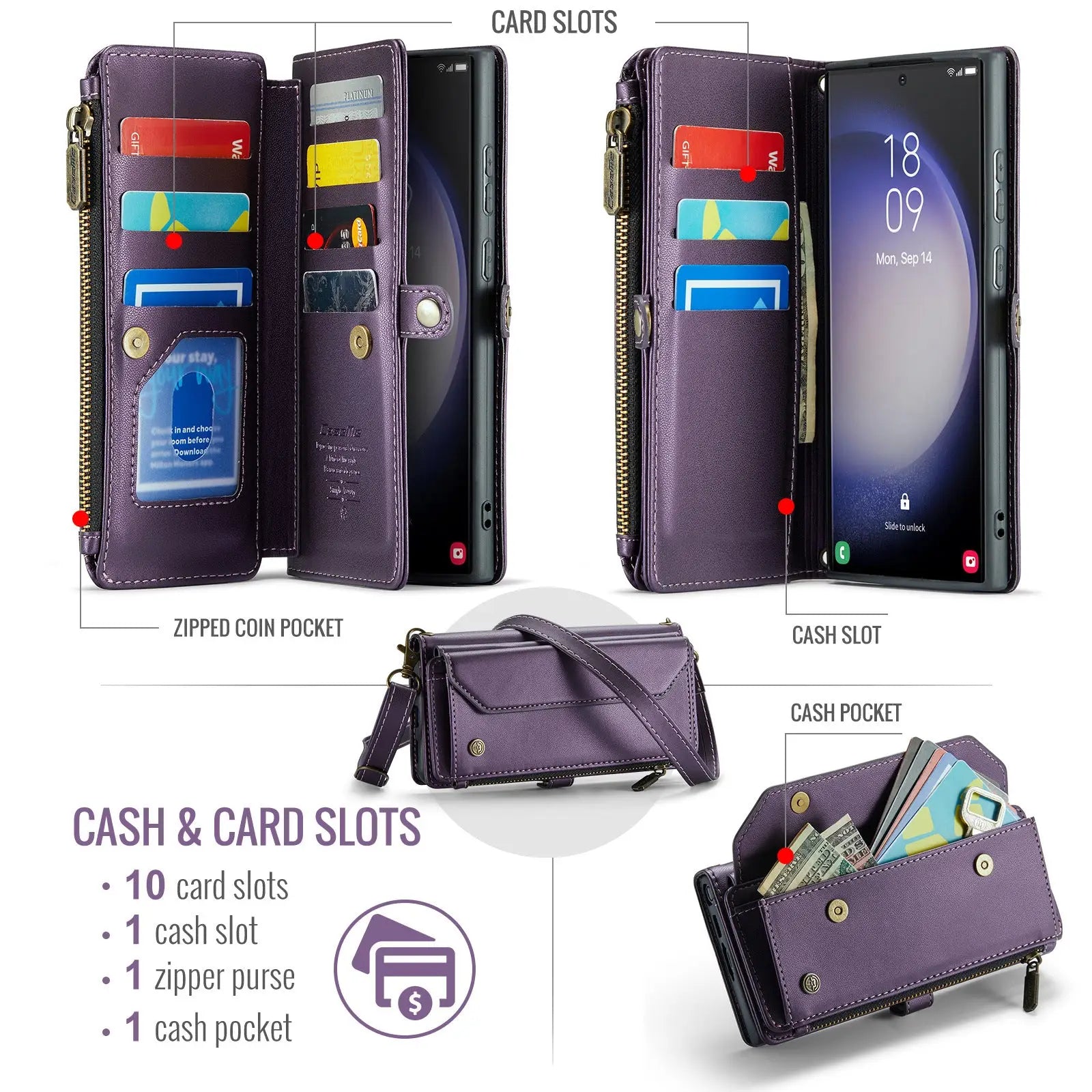 Purple leather wallet phone case with removable wrist strap featuring card slots, zipper coin pocket, and cash compartments