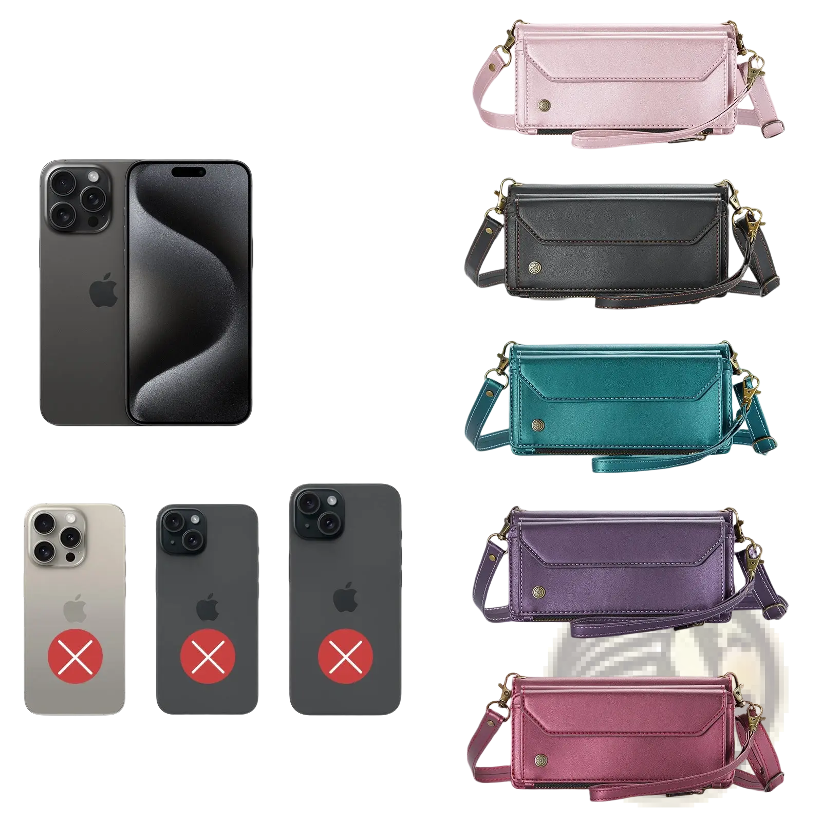 Leather wallet phone case with removable wrist strap for iphone 15 pro max in vibrant pink black teal purple and rose gold