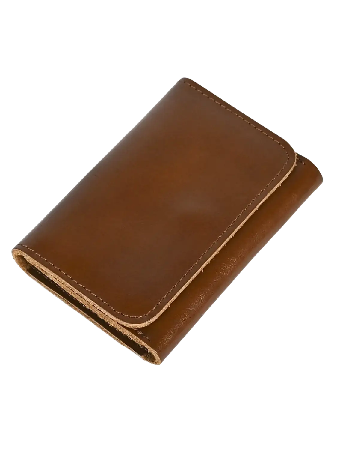 Brown leather vintage minimalist tri-fold wallet with visible stitching along edges and coin purse feature