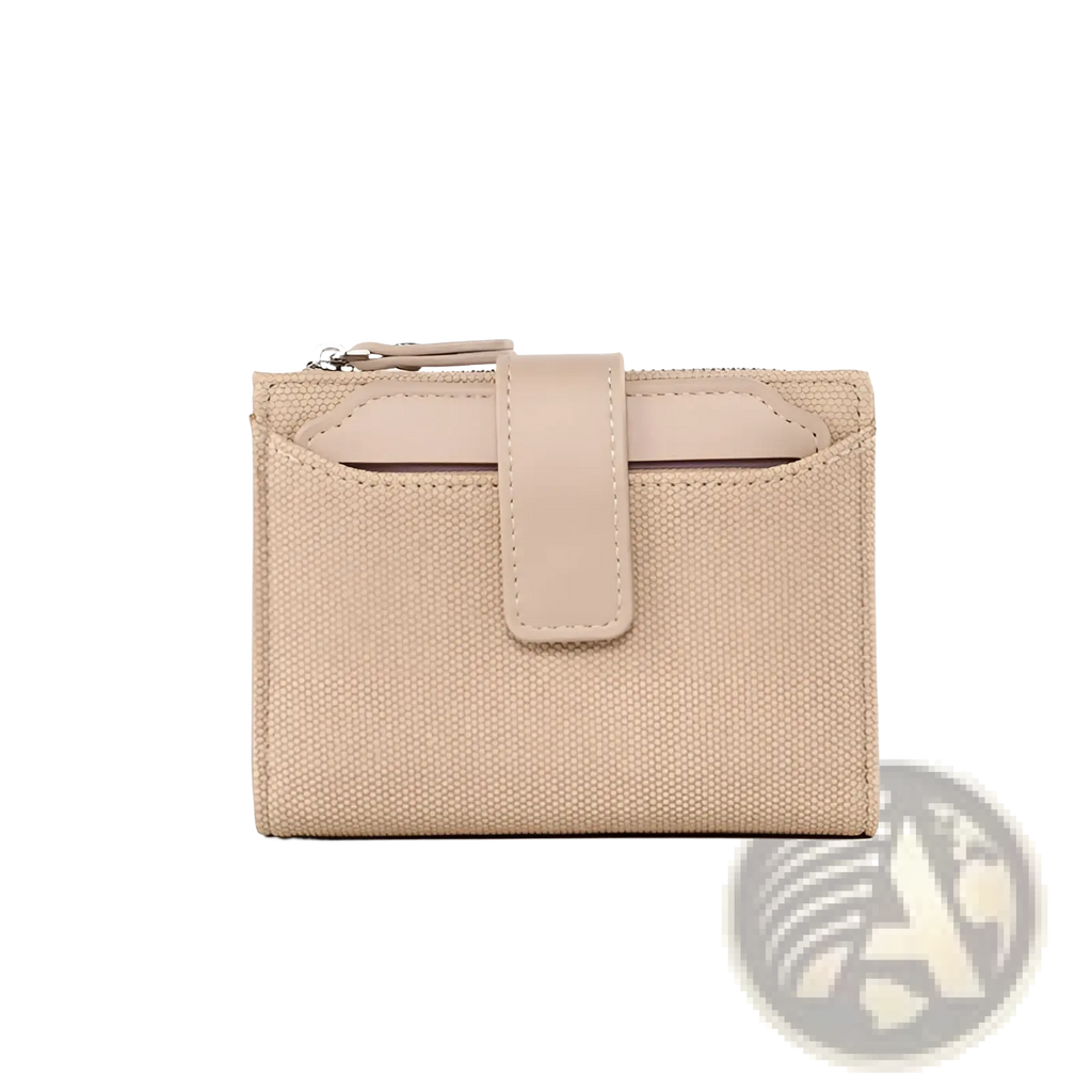 Beige leather women’s short wallet with woven texture and matching leather strap zipper closure