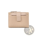 Beige leather women’s short wallet with woven texture and matching leather strap zipper closure