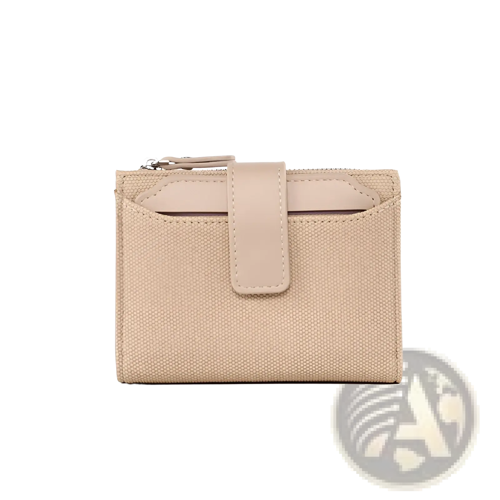 Beige leather women’s short wallet with woven texture and matching leather strap zipper closure