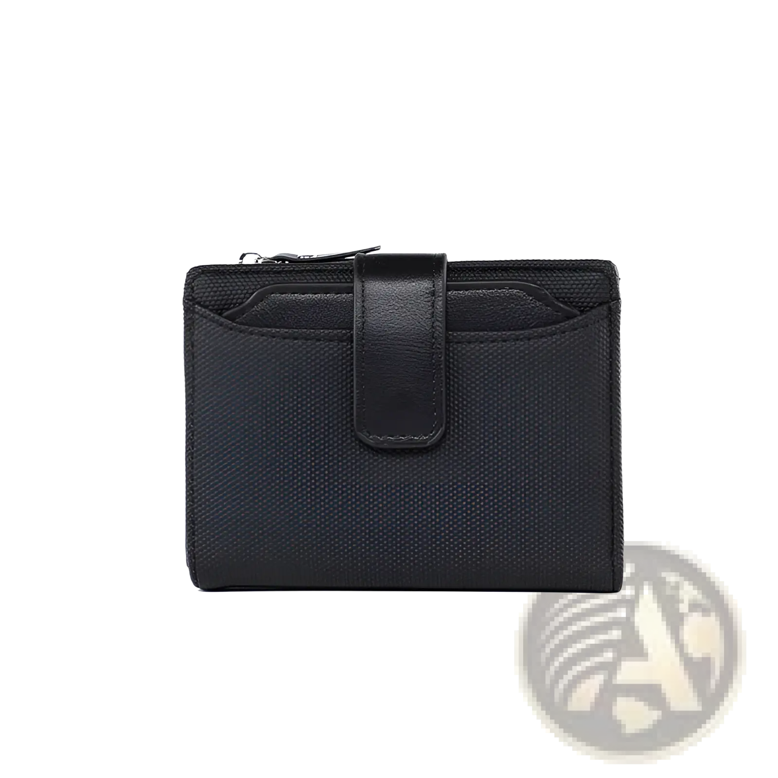 Black leather wallet womens short woven textured purse with zipper closure and leather strap visible from front side