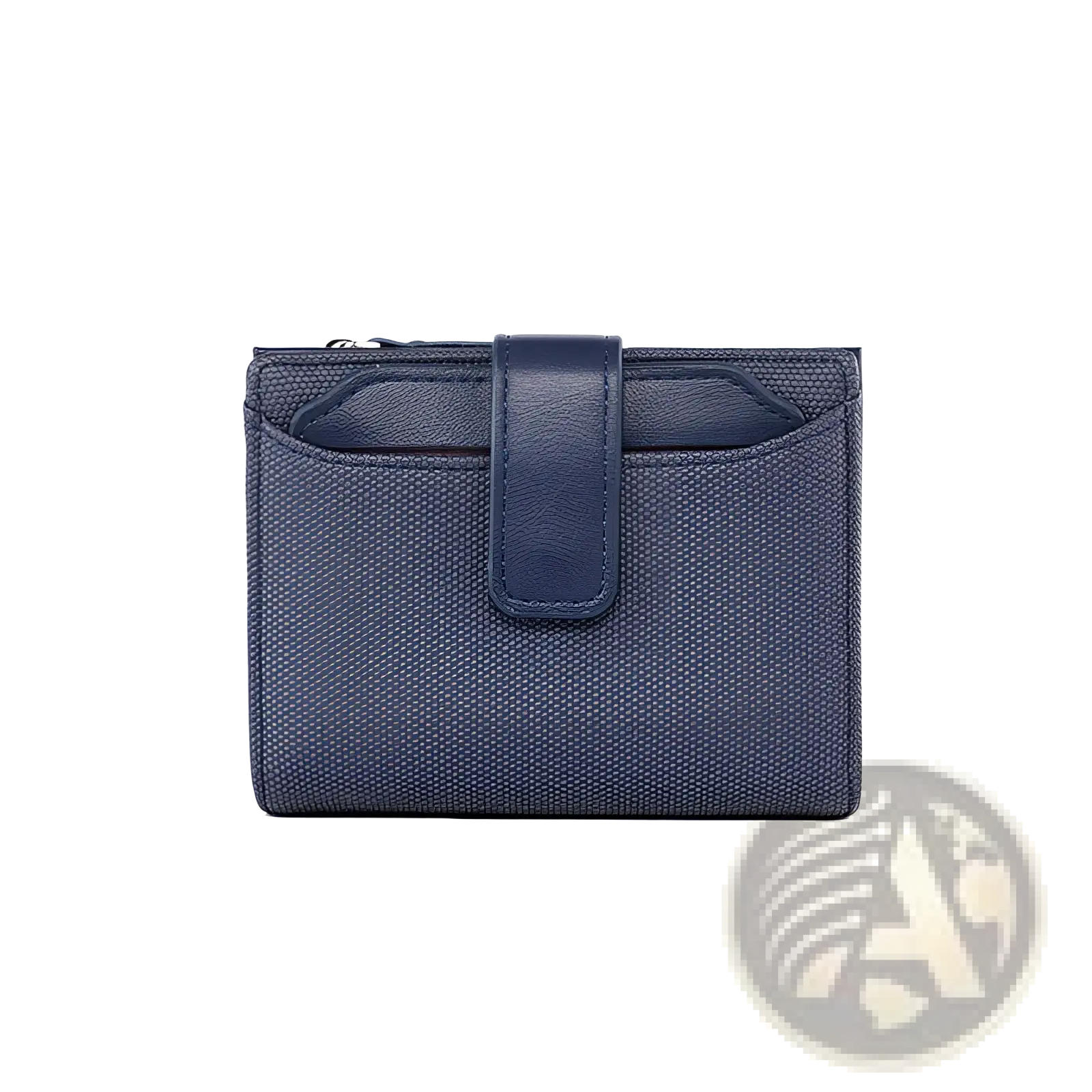 Navy blue leather women’s short woven textured wallet with matching leather strap closure for secure use