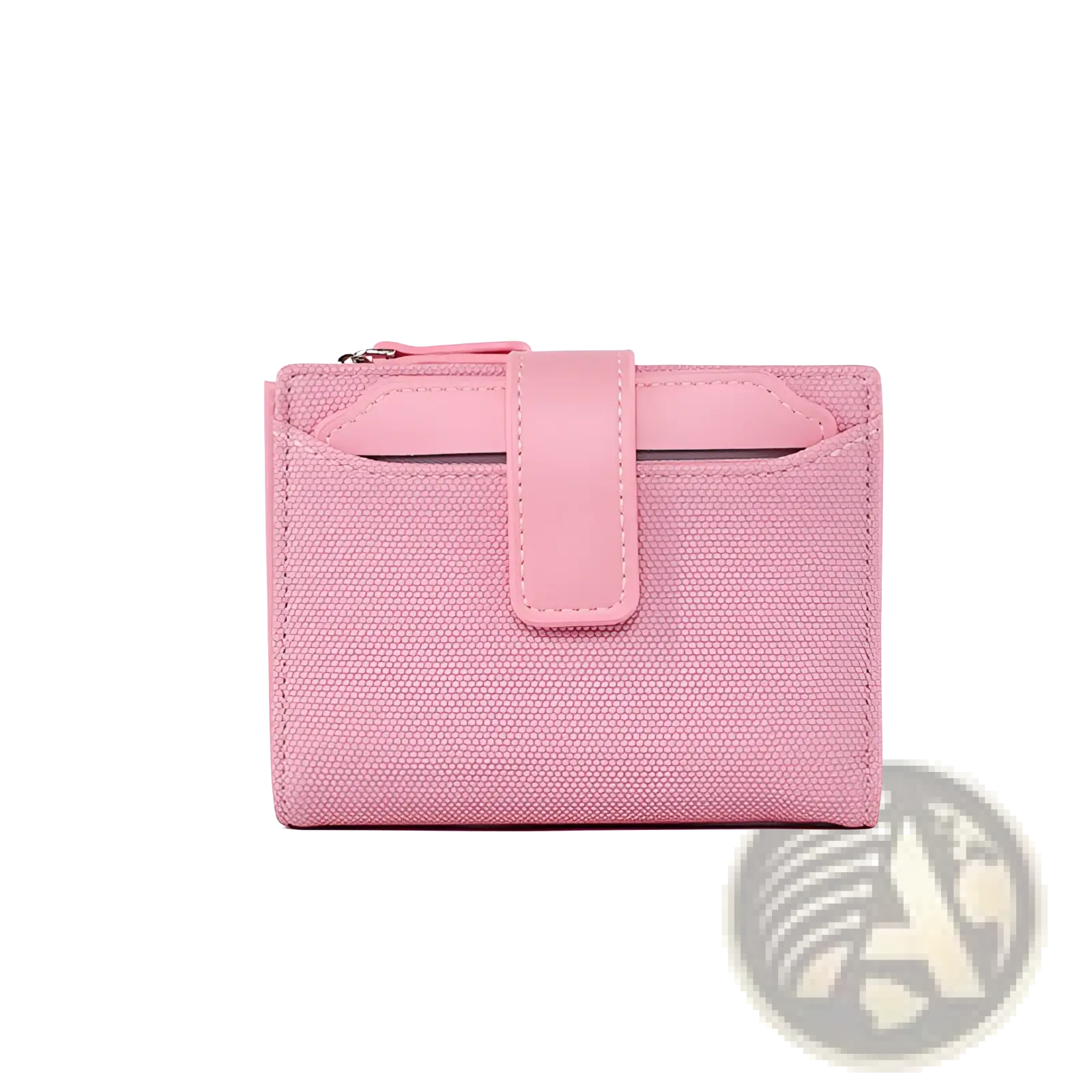A compact pink leather wallet women short woven textured purse with fabric body and smooth leather flap closure