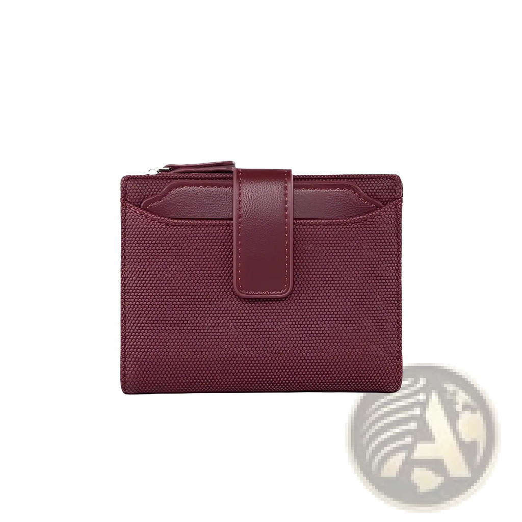 Leather wallet women’s short woven textured purse in burgundy with smooth leather flap closure and zipper detail
