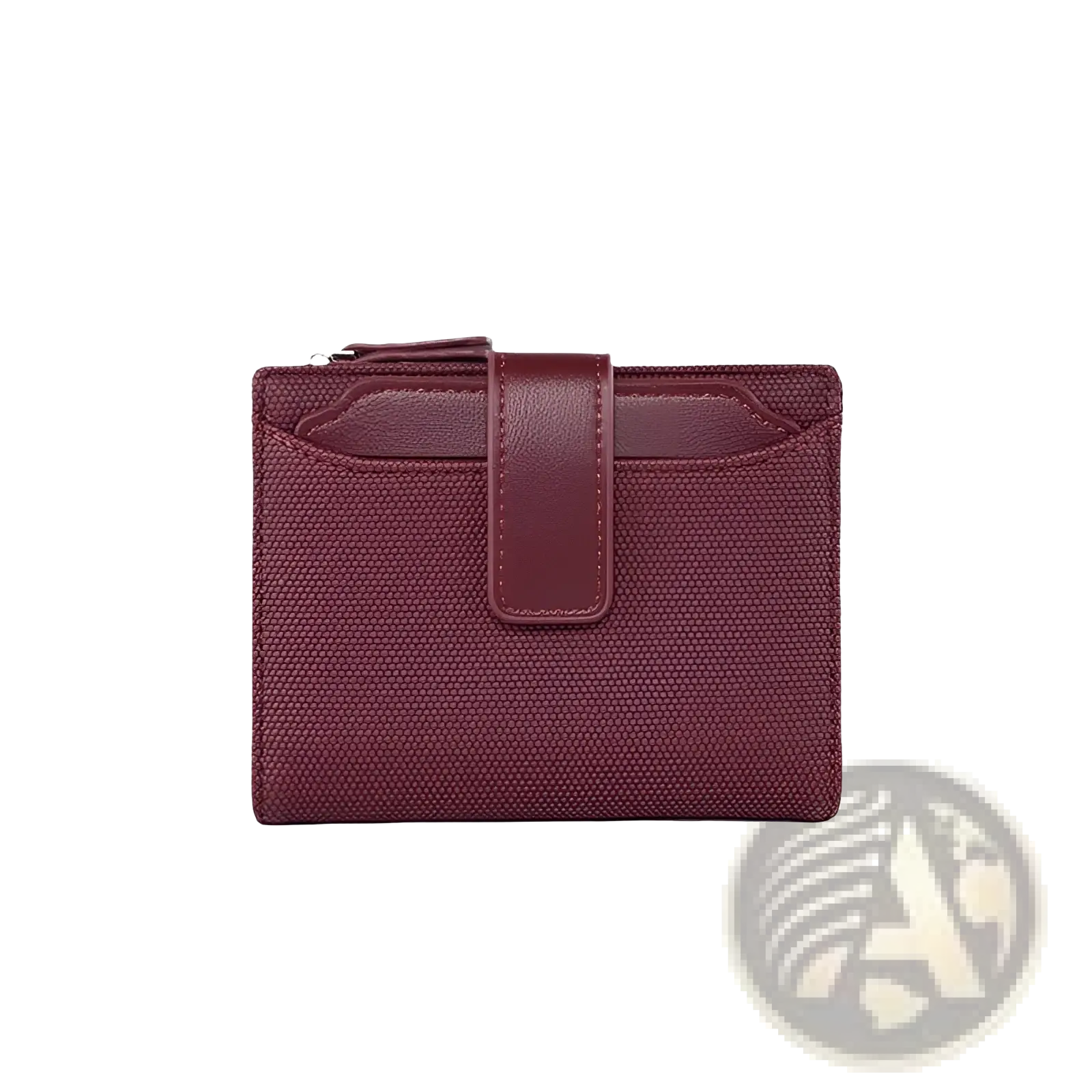 Leather wallet women’s short woven textured purse in burgundy with smooth leather flap closure and zipper detail
